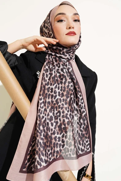 Leopar Desen Şeritli Şal Latte