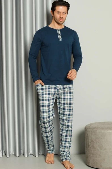Yaka Düğmeli Ekoseli Erkek Pijama Takımı İndigo ürün görseli