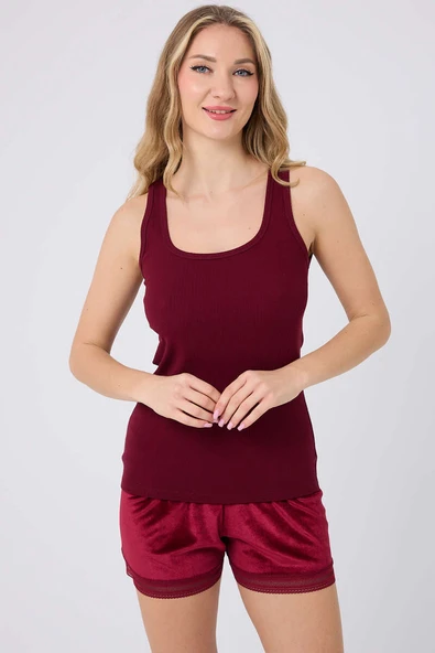 Kadife Şortlu Pijama Takımı Bordo ürün görseli