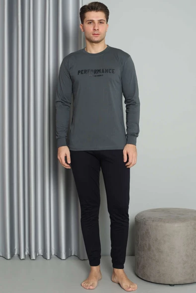 Önü Baskılı Paça Lastikli Erkek Pijama Takım Füme - Resim 2