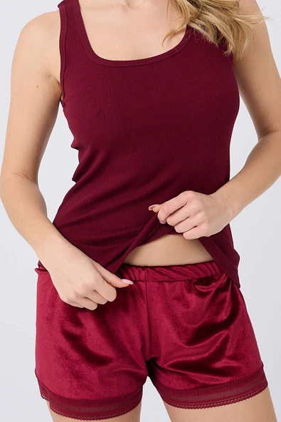 Kadife Şortlu Pijama Takımı Bordo - Resim 3