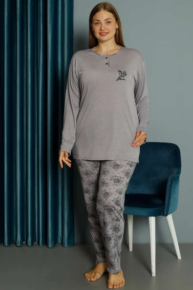 Gül Desen Viskon Büyük Beden Pijama Takımı Lila - 1