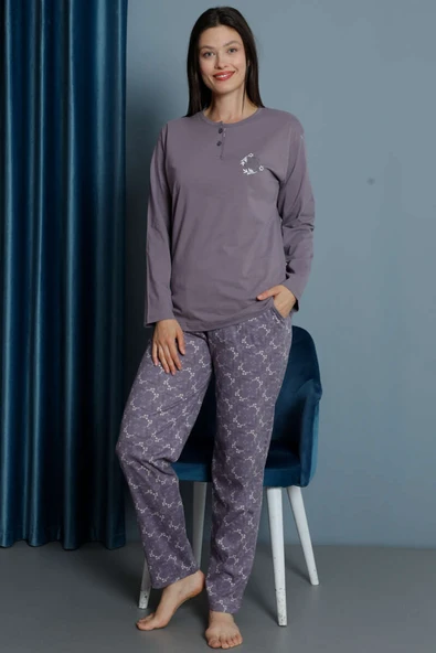 Yakası Çiçek Nakışlı Kadın Pijama Takım Lila - Resim 2