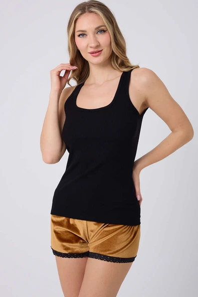 Kadife Şortlu Pijama Takımı Siyah Hardal ürün görseli 1