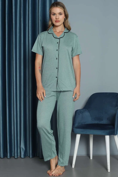 Mini Puantiyeli Kısa Kol Pijama Takımı Mint - Resim 2