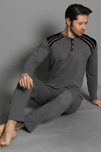 Omuz Şeritli Düğmeli Erkek Pijama Takımı Füme Siyah