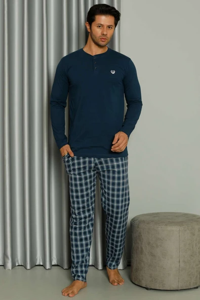 Uzun Kollu Düğmeli Ekoseli Erkek Pijama Takım İndigo - Resim 2