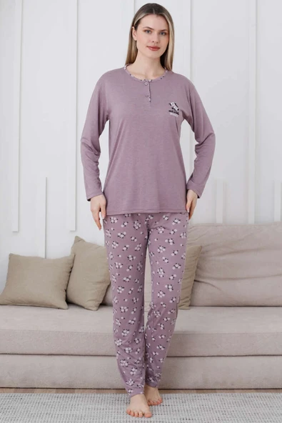 Yaka Çiçek Nakışlı Pijama Takımı Leylak