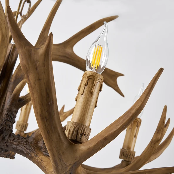 Apliqa Zoye Ahşap 5'li Geyik Boynuzu Desenli Modern Kafe Restoran. Salon Avize - Resim 6