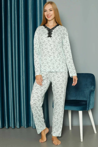 Yakası V Dantelli Desenli Viskon Pijama Takımı Buz Mavisi - Resim 2