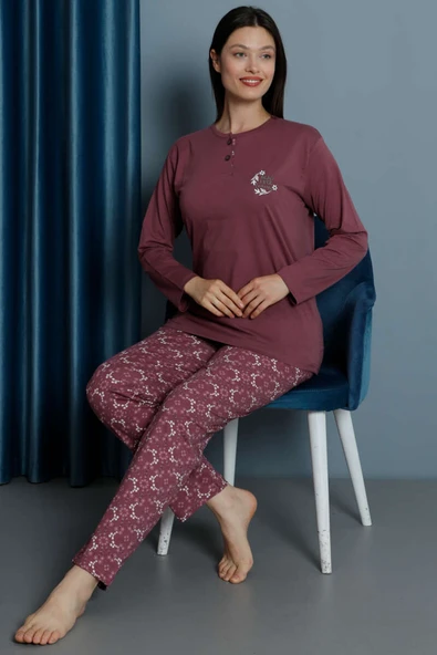 Yakası Çiçek Nakışlı Kadın Pijama Takım Magenta