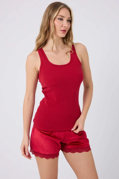 Kadife Şortlu Pijama Takımı Kırmızı ürün görseli 1