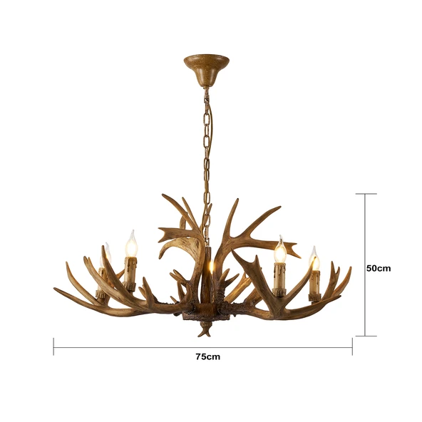 Apliqa Zoye Ahşap 5'li Geyik Boynuzu Desenli Modern Kafe Restoran. Salon Avize - Resim 5