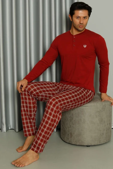Uzun Kollu Düğmeli Ekoseli Erkek Pijama Takım Bordo - Resim 2