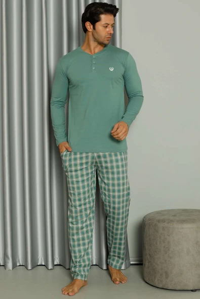Uzun Kollu Düğmeli Ekoseli Erkek Pijama Takım Mint - Resim 2