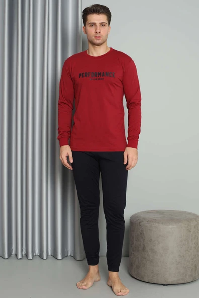 Önü Baskılı Paça Lastikli Erkek Pijama Takım Bordo - Resim 2