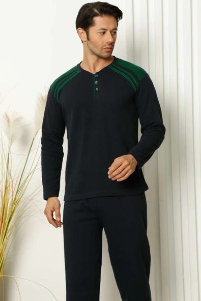 Omuz Şeritli Düğmeli Erkek Pijama Takımı Lacivert Haki - 2