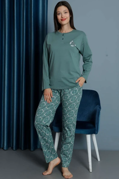 Yakası Çiçek Nakışlı Kadın Pijama Takım Mint - 2