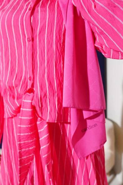 Önü Bağlamalı Çizgili Etekli Takım Fuşya - Resim 4