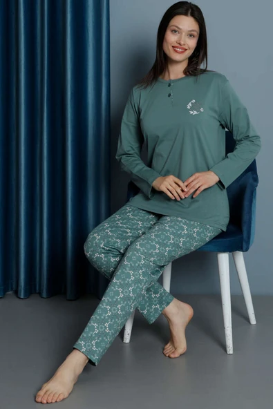 Yakası Çiçek Nakışlı Kadın Pijama Takım Mint