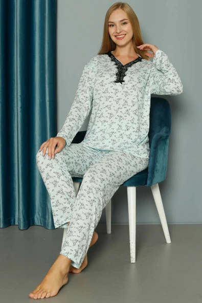 Yakası V Dantelli Desenli Viskon Pijama Takımı Buz Mavisi