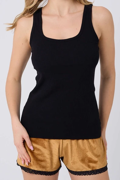 Kadife Şortlu Pijama Takımı Siyah Hardal - Resim 3