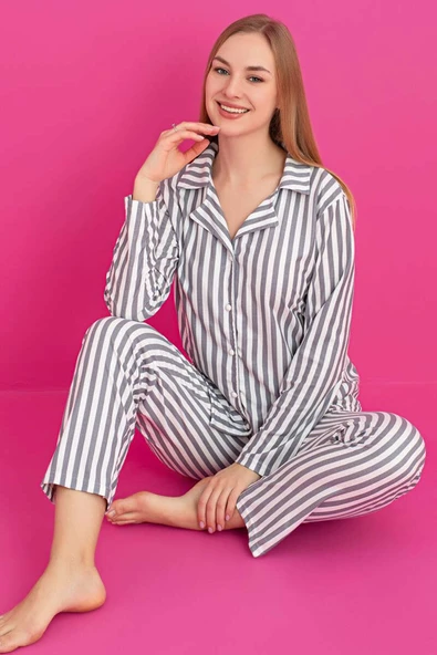 Çizgi Desen Düğmeli Süet Pijama Takım Gri