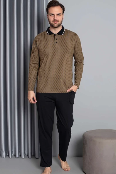 Gömlek Yaka Uzun Kol Erkek Pijama Takım Camel