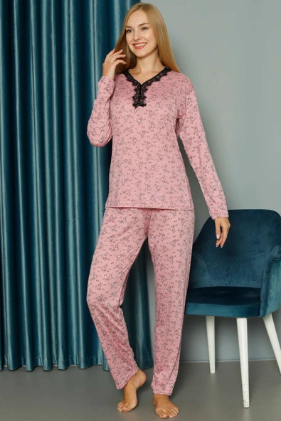 Yakası V Dantelli Desenli Viskon Pijama Takımı Gül Kurusu - Resim 2