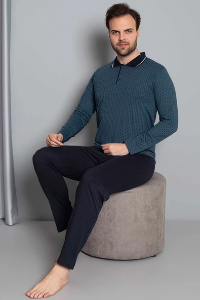 Gömlek Yaka Uzun Kol Erkek Pijama Takım Petrol ürün görseli 1