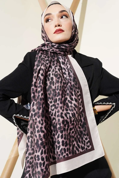 Leopar Desen Şeritli Şal Bej