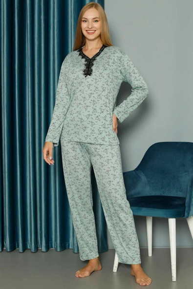 Yakası V Dantelli Desenli Viskon Pijama Takımı Mint ürün görseli 1