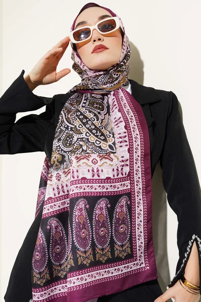 Vintage Motifli Şal Mürdüm Siyah