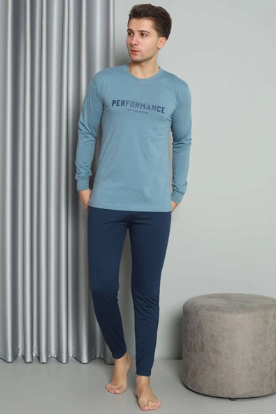 Önü Baskılı Paça Lastikli Erkek Pijama Takım Mavi - Resim 2