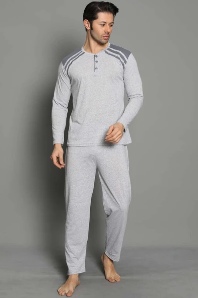 Omuz Şeritli Düğmeli Erkek Pijama Takımı Gri - 2