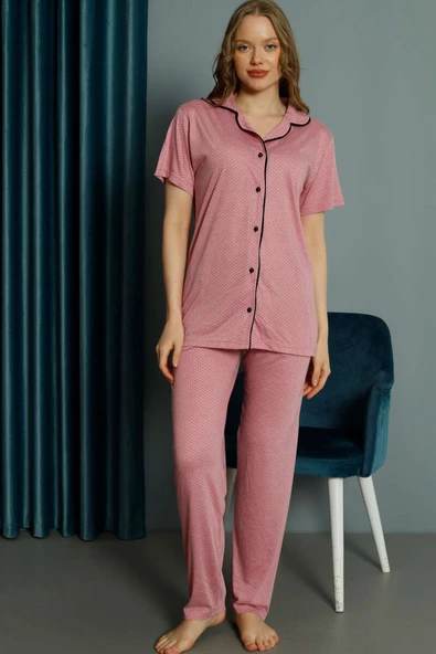 Mini Puantiyeli Kısa Kol Pijama Takımı Gül Kurusu