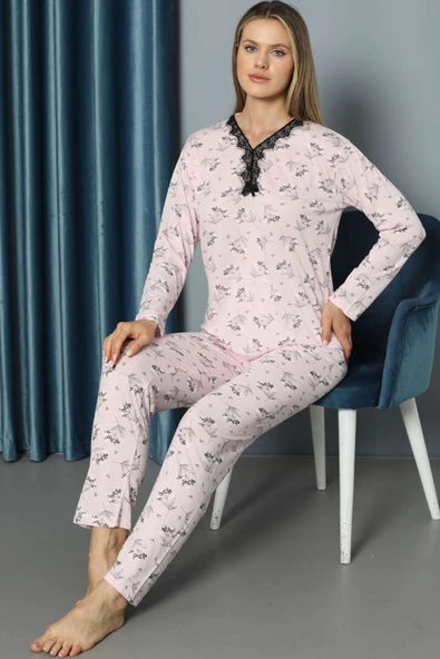 V Yaka Desenli Dantelli Pijama Takımı Pembe