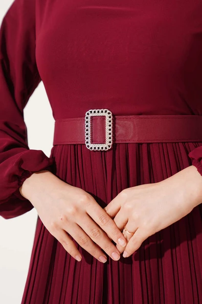 Piliseli Fırfırlı Kuşaklı Şifon Elbise Bordo - Resim 4