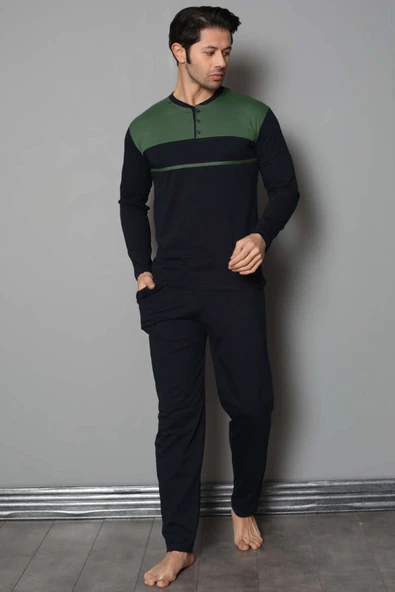 Yaka Düğmeli Çift Renk Erkek Pijama Takımı Lacivert Haki