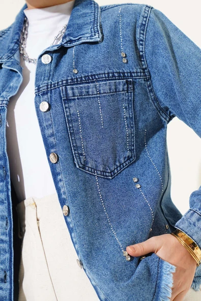 Sıra Taşlı Püsküllü Kısa Kot Ceket Kot - Resim 4