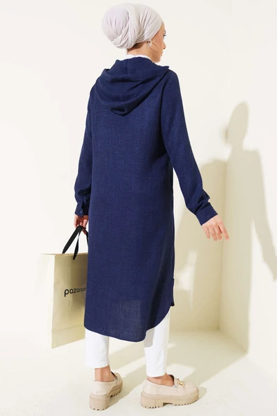 Kapüşonlu Düğmeli Uzun Kap Lacivert - Resim 3