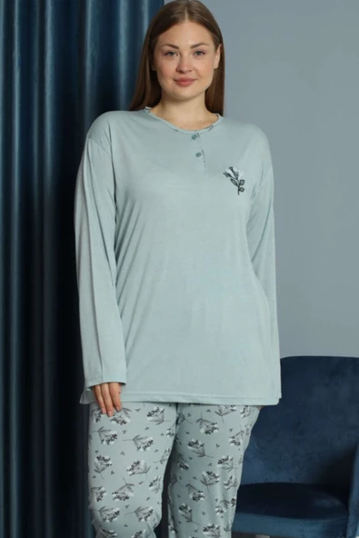 Nakışlı Desenli Viskon Büyük Beden Pijama Takım Mint - Resim 2