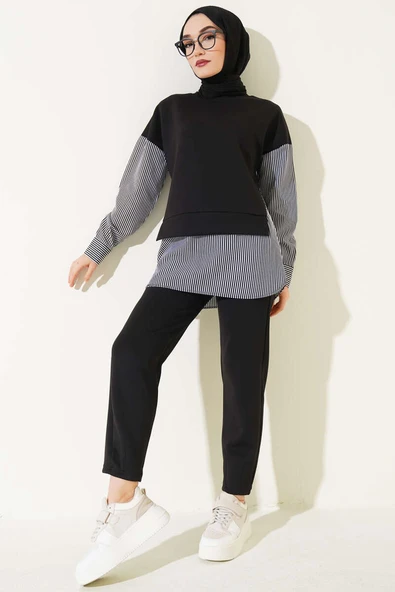Çizgili Garnili Tunik İkili Takım Siyah ürün görseli 1