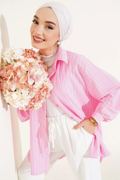 Linda Çizgili Oversize Gömlek Pembe ürün görseli 1
