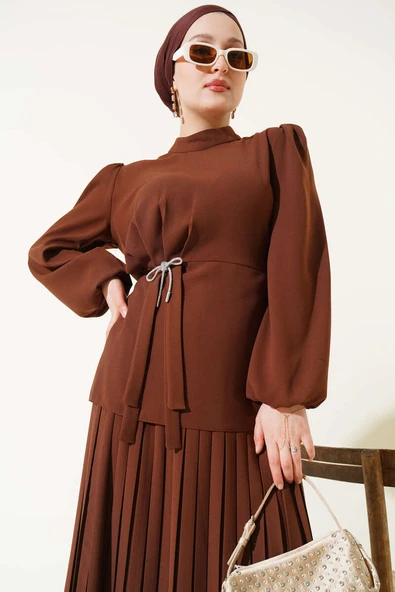 Pilise Etekli Tunik İkili Takım Kahve - Resim 2