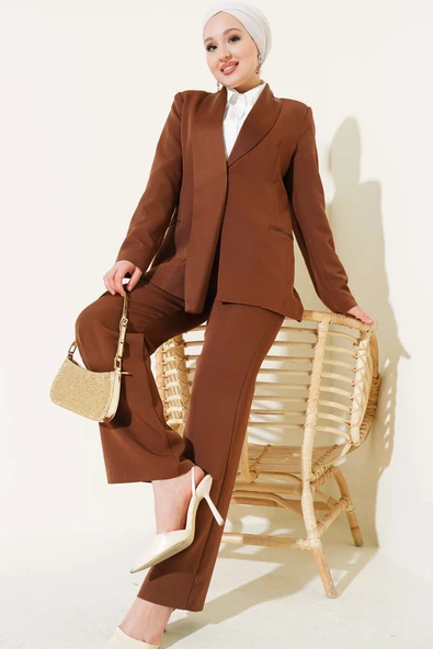 Saten Garnili Ceket İkili Takım Kahve ürün görseli 1