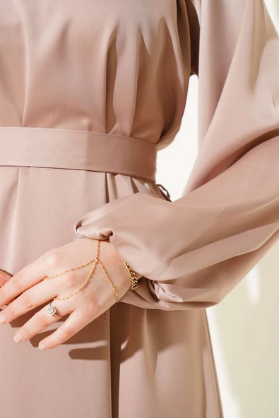 Kuşaklı Balon Kol Saten Abiye Elbise Bej - Resim 4