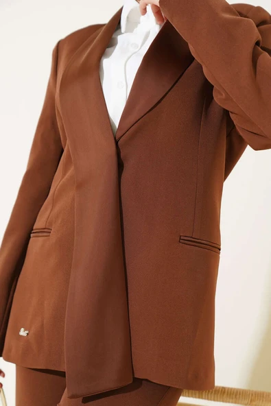 Saten Garnili Ceket İkili Takım Kahve - Resim 4