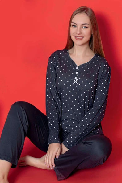 Fiyonk Detaylı Puantiyeli Viskon Pijama Takım Füme