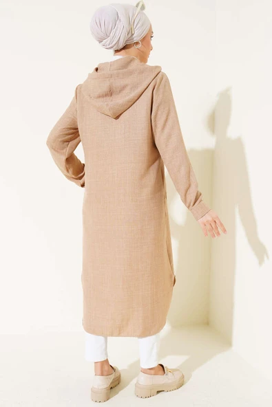 Kapüşonlu Düğmeli Uzun Kap Bej - Resim 3